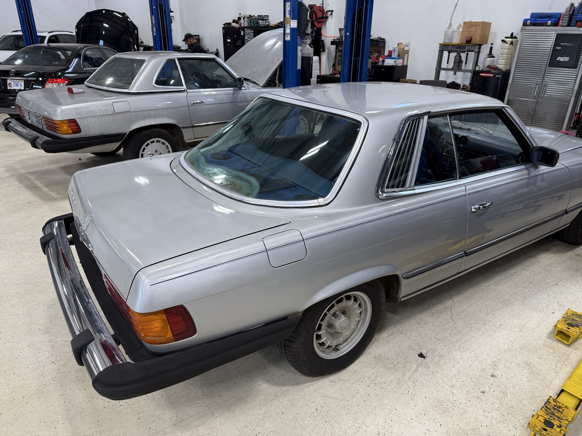 Classic Mercedes coupes in the German Auto Tech service bay